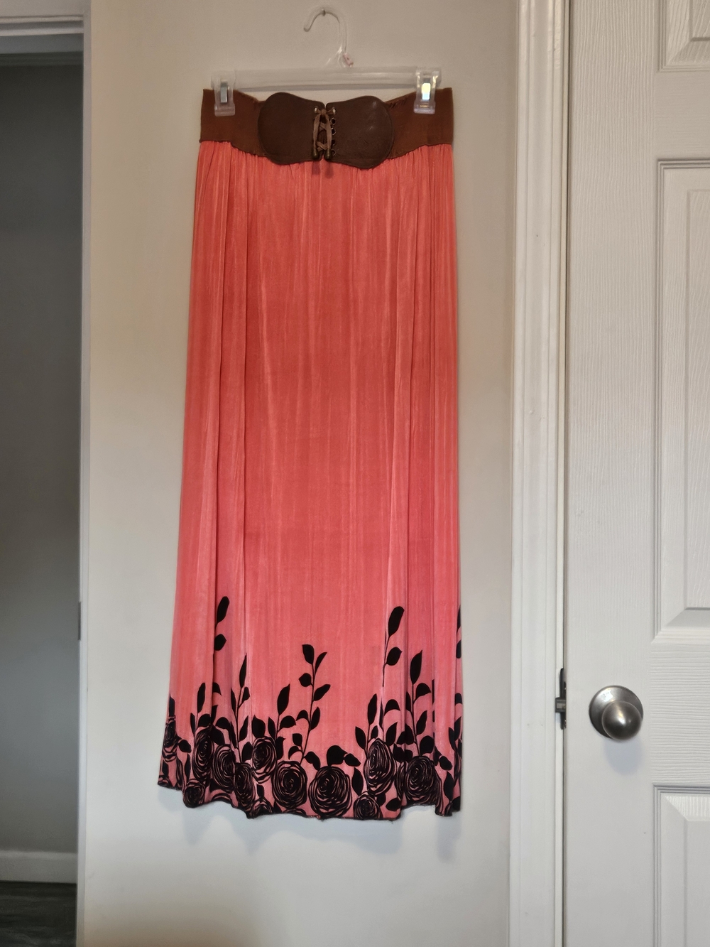Coral Pink Maxi Skirt with Black Floral Hem